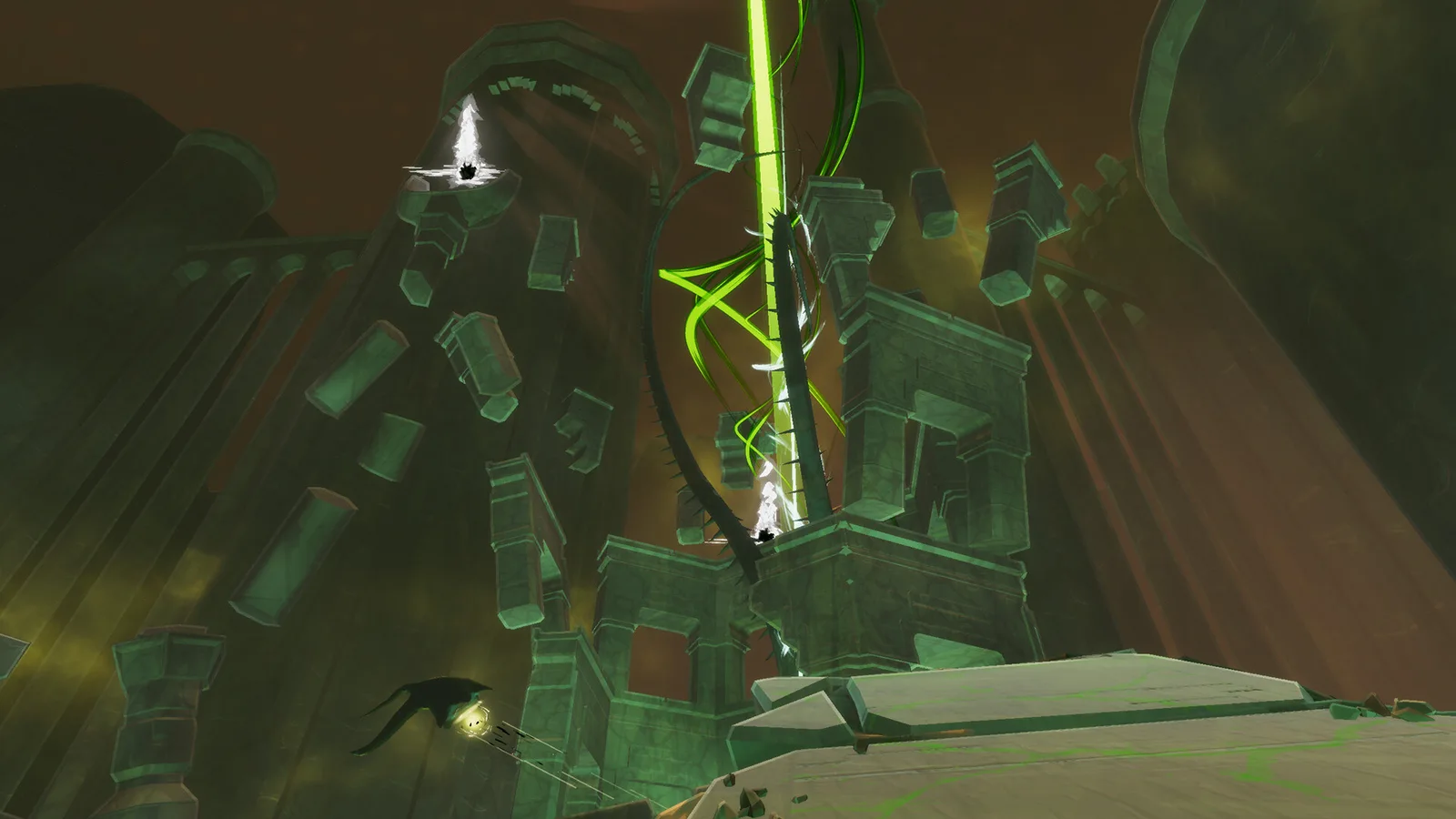 Green-lit shrine architecture in Risk of Rain 2 Hallowed Concepts